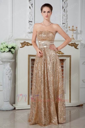 Flaring Strapless Gold Sequin Fabric Evening Dress With Sash