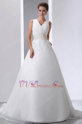 Beaded Belt V-Neck Chapel Wedding Dress Make Your Own