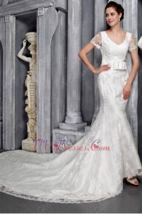 Sheath V-neck Chapel Beautiful Lace Wedding Dress With Sashes