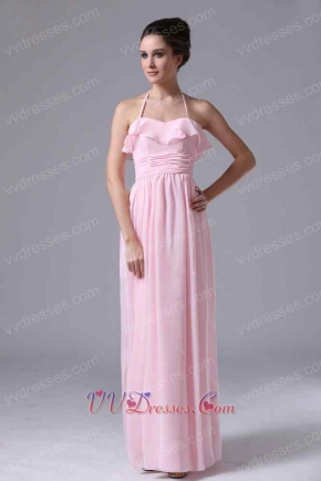 Sweet Halter Neckline Falbala Baby Pink Chiffon Girl's First Prom Dress