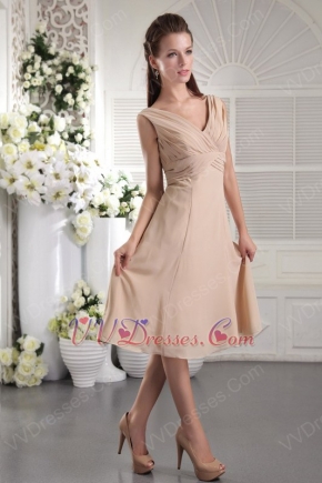 V-neck Tea-length Champagne Chiffon Graduation Short Dress