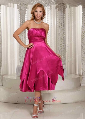 Concise Tea-length Glossy Fabric Fuchsia Bridesmaid Dress For Wedding