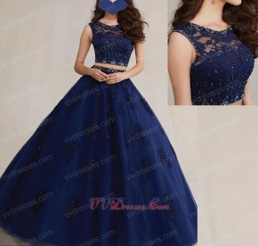 Scoop Neck Two-Pieces Twinset Navy Blue Dance Ball Gown Prom Girl