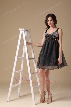 Beaded Straps Black Organza Short Prom Dress For Maternity Women