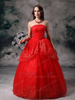 Strapless Wine Red Organza Puffy Prom Quinceanera Dress