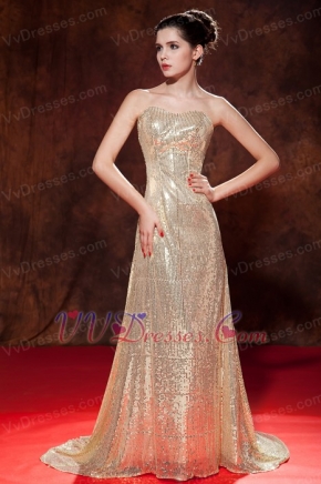 Golden Sequin Evening And Prom Dresses UK With Brush Train Inexpensive