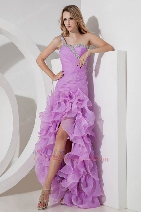 Sexy One Shoulder Ruffled High Low Skirt Violet Organza Prom Dress