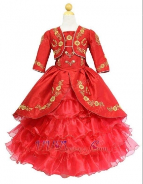 Western Gold Embroidery Layers Organza Child Flower Girl Red Puffy Gown With Jacket