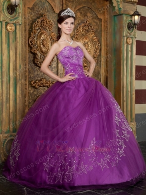 Embroidered Stars Purple Quinceanear Adult Ceremony Dress