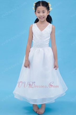 Wholesale V-Neck Embroidery White Ankle Length Flower Girl Dress