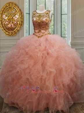 Wholesale See Through Scoop Peach Mesh Ruffles Gold Beadwork Sweet 16 Ball Gown Petite