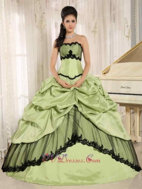 Yellow Green Taffeta Quinceanera Dres Black Details DHL Free Shipping