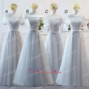 Bridesmaid Group Girls Long Elegant Silver Series Dress Different Neck