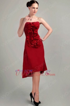 Strapless Wine Red Asymmetrical Chiffon Bridesmaid Dress