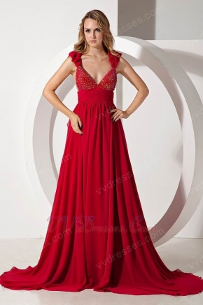 Sexy Wide Straps Beaded A-line Wine Red Chiffon Prom Gown Dress