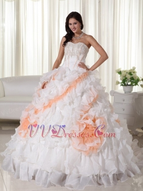 White With Peach Big Puffy Quinceanera Dress With Train Like Princess