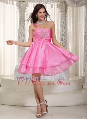 Hot Pink Beaded Prom Dress With One Shoulder Short Skirt Knee Length Sexy