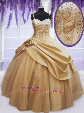 Spaghetti Straps Gold Satin and Tulle Fluffy Quinceanera Ball Gown Pick Up