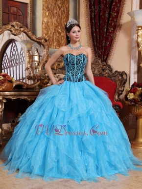 Pretty Aqua Cascade Skirt Embroidered Quinceanera Dress