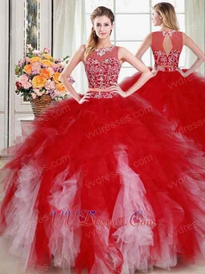 Scoop Two Pieces Separated Show Belly Dense Red and Pink Tulle Ruffles Quince Gowns