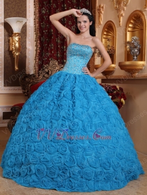 Fabric With Rolled Flowers Quinceanera Dress In Dodger Blue