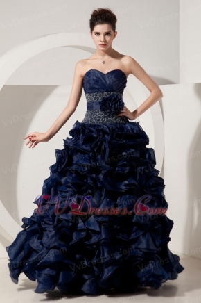 Navy Blue Princess Floor-length Ruffles Skirt Prom Dress Inexpensive