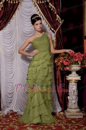 One Shoulder Olive Green Chiffon Ruffles Layers Long Skirt Dress Inexpensive