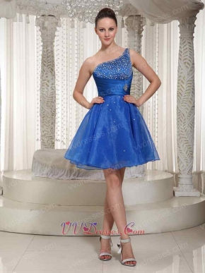 Royal Blue Organza One Shoulder Beaded Bodice Cocktail Dress For Gathering