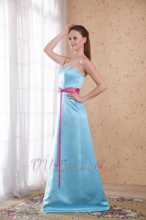 Cheap Light Blue Bridesmaid Gown With Fuchsia Belt