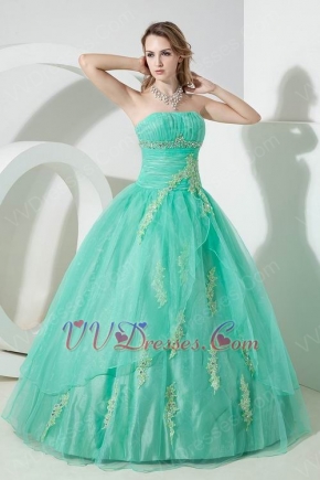 Fashion Strapless Spring Green Evening Ball Gown With Applique