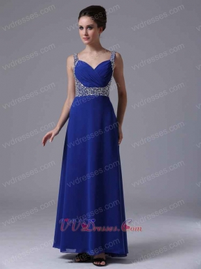 Double Silver Beaded Straps Royal Blue Chiffon Maxi Prom Dress City