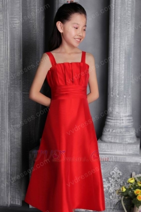 Red A-line Wide Straps Tea-length Satin Ruch Flower Girl Dress