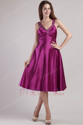 V-neck Cross Back Fuchsia Tea Length Pageant Celebrity Dress