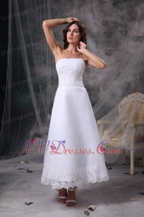 Strapless Tea-length Romantic Beach Wedding Dress Cheap Romantic