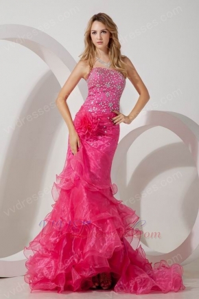 Fuchsia Flowers Decorate Beaded Mermaid Layers Evening Dress