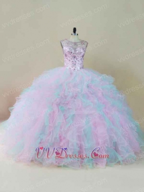 Sheer Scoop Crystals Bodice Baby Pink/Ice Blue Mixed Ruffles Quinceanera Dress Gowns