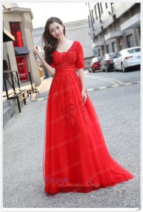 Sedate Half Sleeves Red Festive Prom Dress Large-scale Award Ceremony