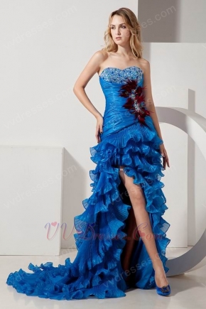 Unique Ruffle Layers Skirt Blue Cocktail Dress With Feather