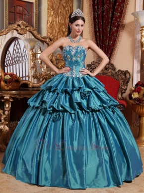 Teal Princess Ball Gown Prom Dress With Applique