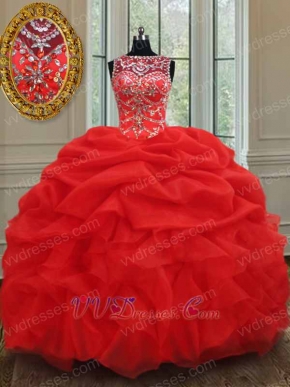 Extraordinary Scoop Bubble and Ruffles Red Organza Ball Gown Sweet Sixteen