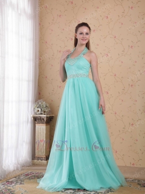 Popular Empire Halter Floor-length Aqua Beaded Lady Prom Dress