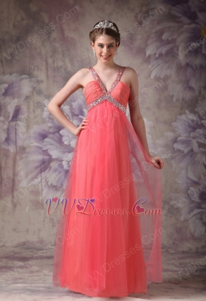 Cheap V-neck Watermelon Chiffon Dress For 2014 Prom Wear