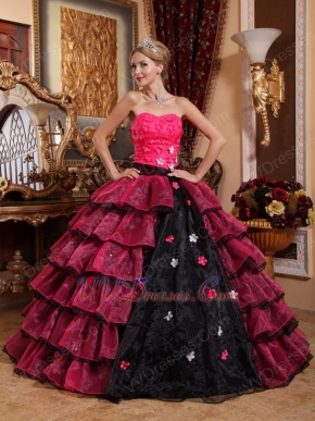 Cerise And Black Layers Skirt Trimed Dress To 2014 Quinceanera