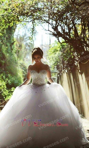 Nude Neckline With Long Sleeves Puffy Quinceanera Dress Crystals Bodice