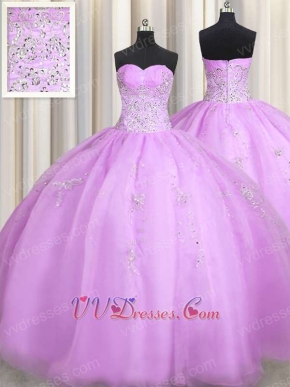 Girl's First Fluffy Quinceanera Ball Gown Lilac Organza With Silver Embroidery