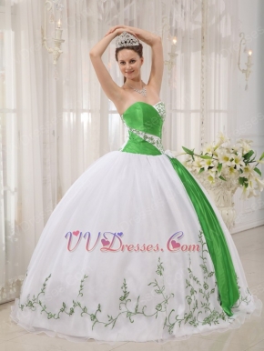 White Dress With Spring Green Emberllish Quinceanera Dress