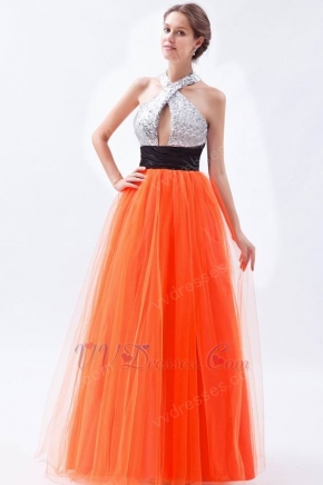 Halter Sequin A-line Orange Red Net Prom Dress In Texas