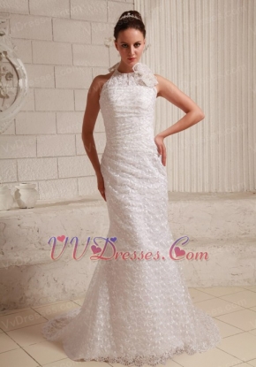 Lace Hand Made Flower Sheath Modest Slim Wedding Dress With Halter Low Price
