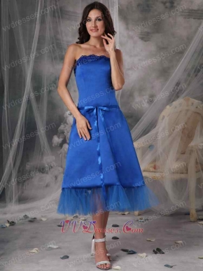 Strapless Tea-length Royal Blue Homecoming Dress With Belt Summer