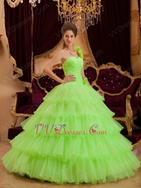 Flowers Strap Lemon Green Layers Organza Skirt Quinceanera Dress